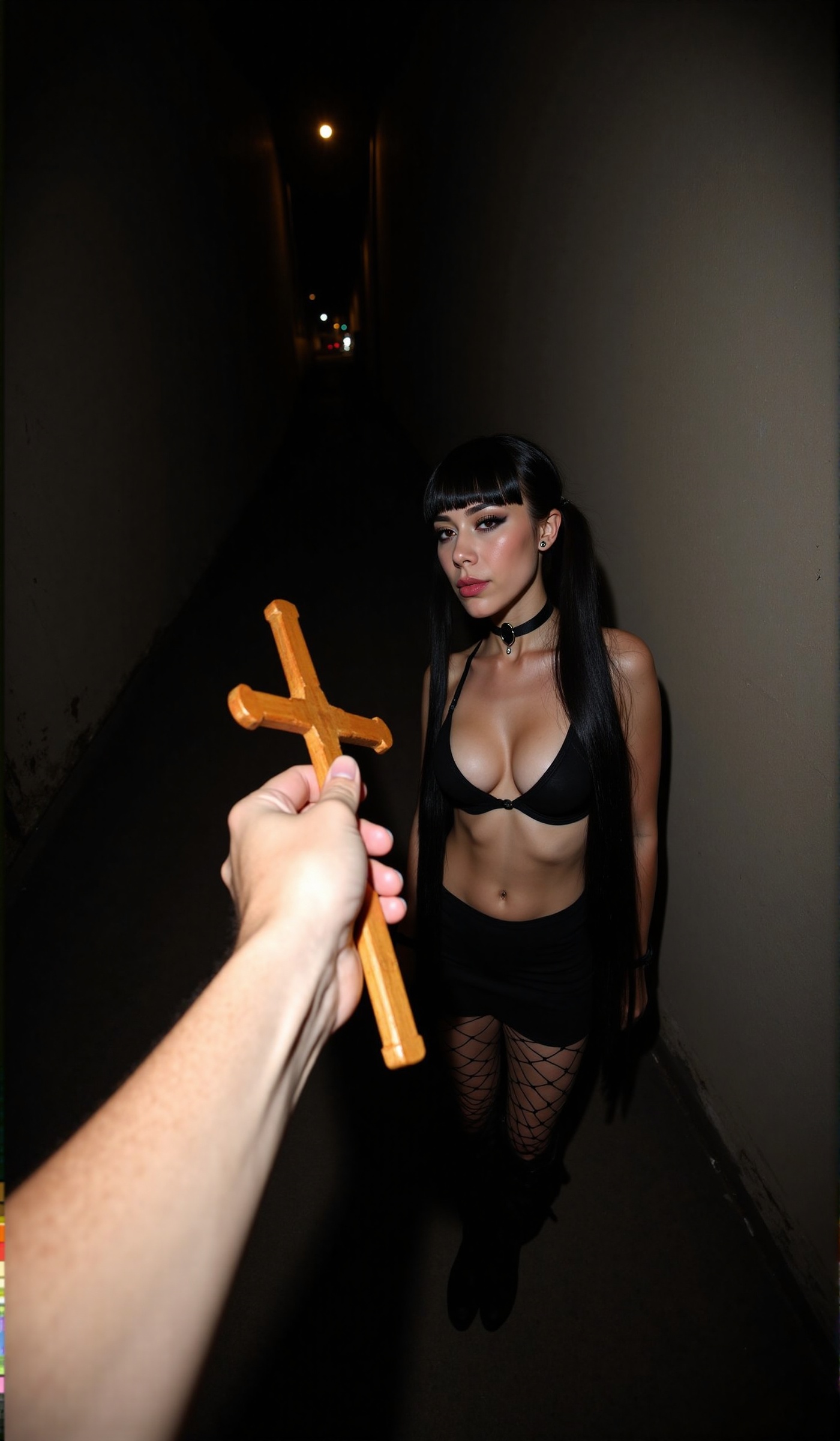 first person pov. ******* photo. You are holding a wood/gold crucifix in the right hand. Dark alley at night. Standing aga...