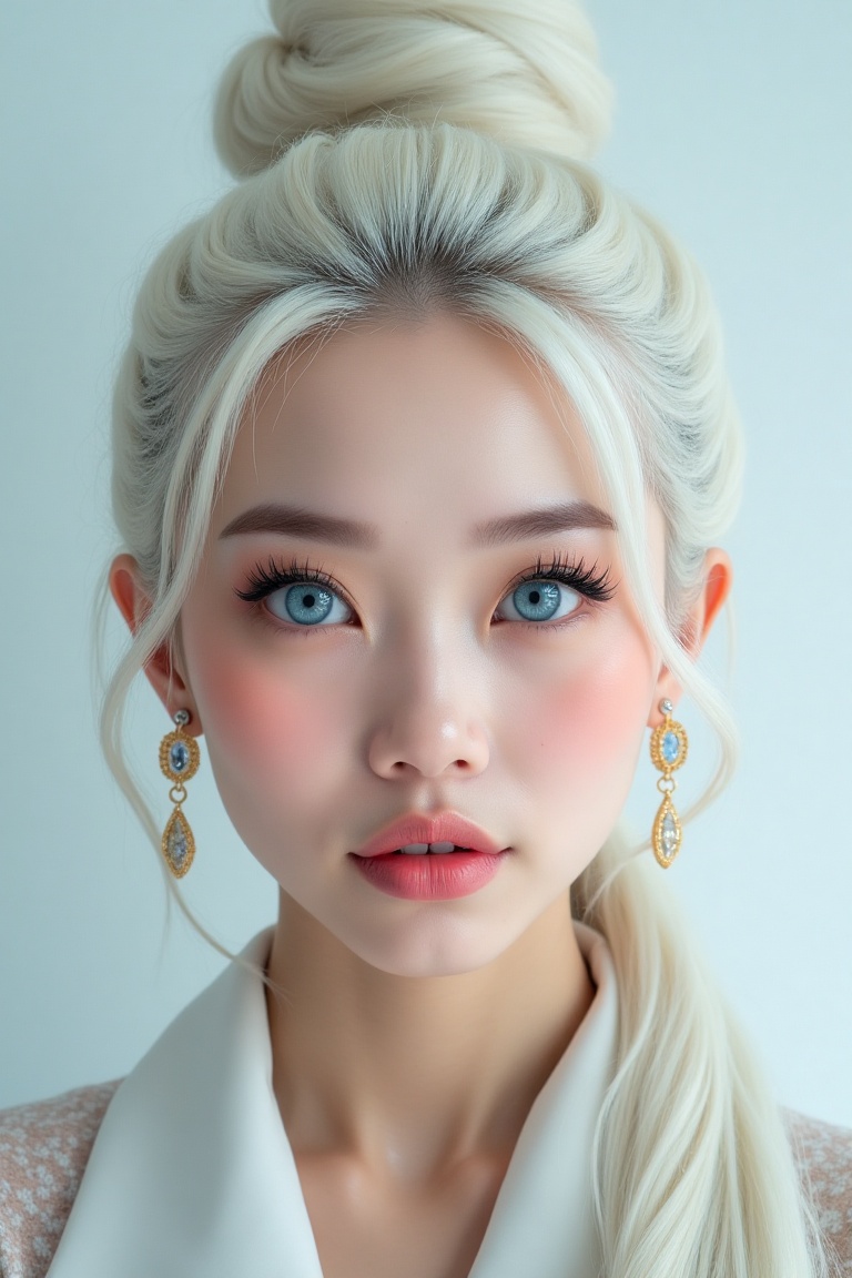 showing an Indonesian girl with long white hair in a bun up,  beautiful face,  make-up on Tensor.Art