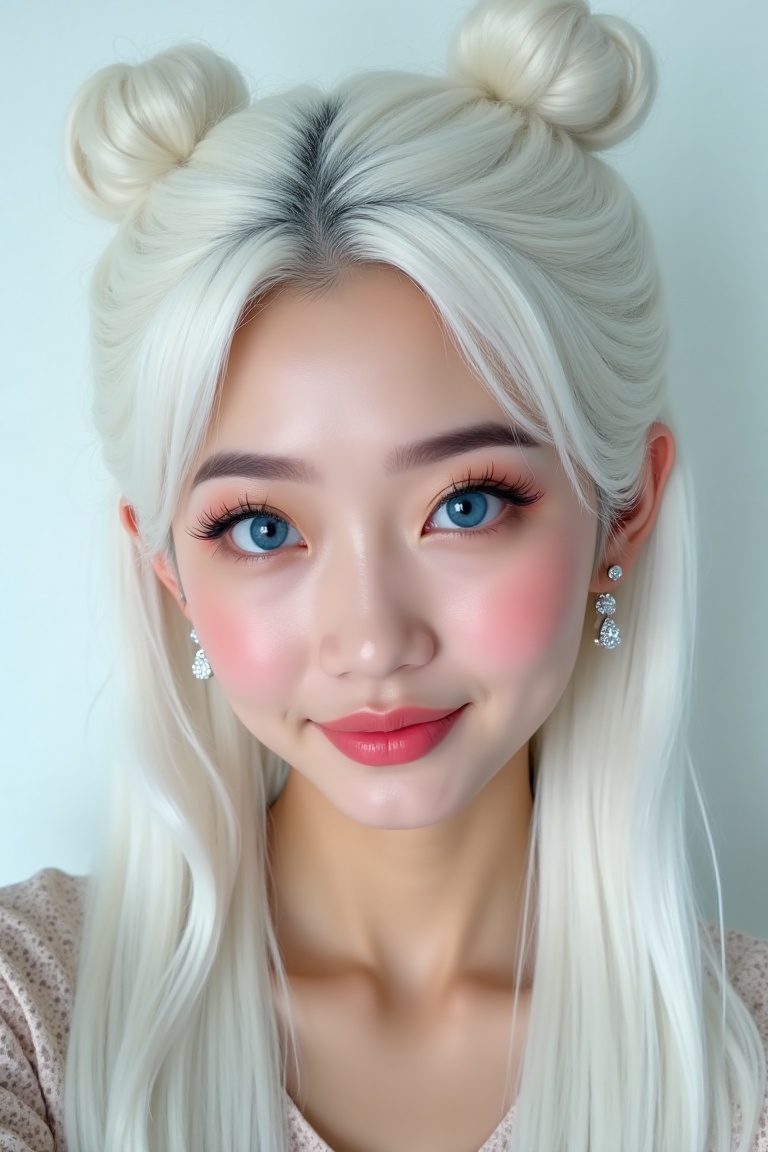 showing an Indonesian girl with long white hair in a bun up,  beautiful face,  make-up on Tensor.Art