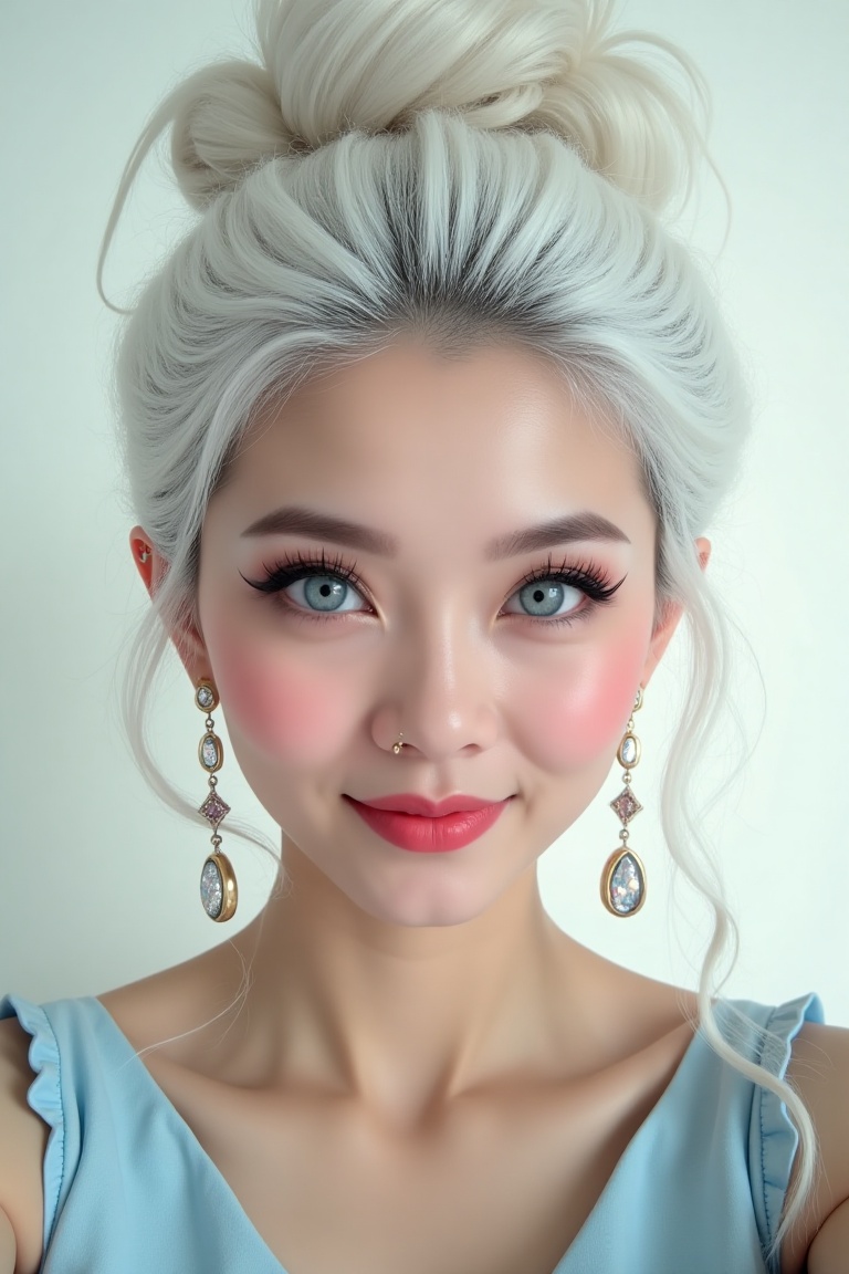 showing an Indonesian girl with long white hair in a bun up,  beautiful face,  make-up on Tensor.Art