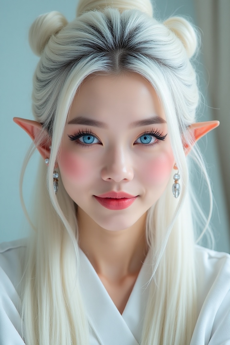 showing an Indonesian girl with long white hair in a bun up,  beautiful face,  make-up on Tensor.Art