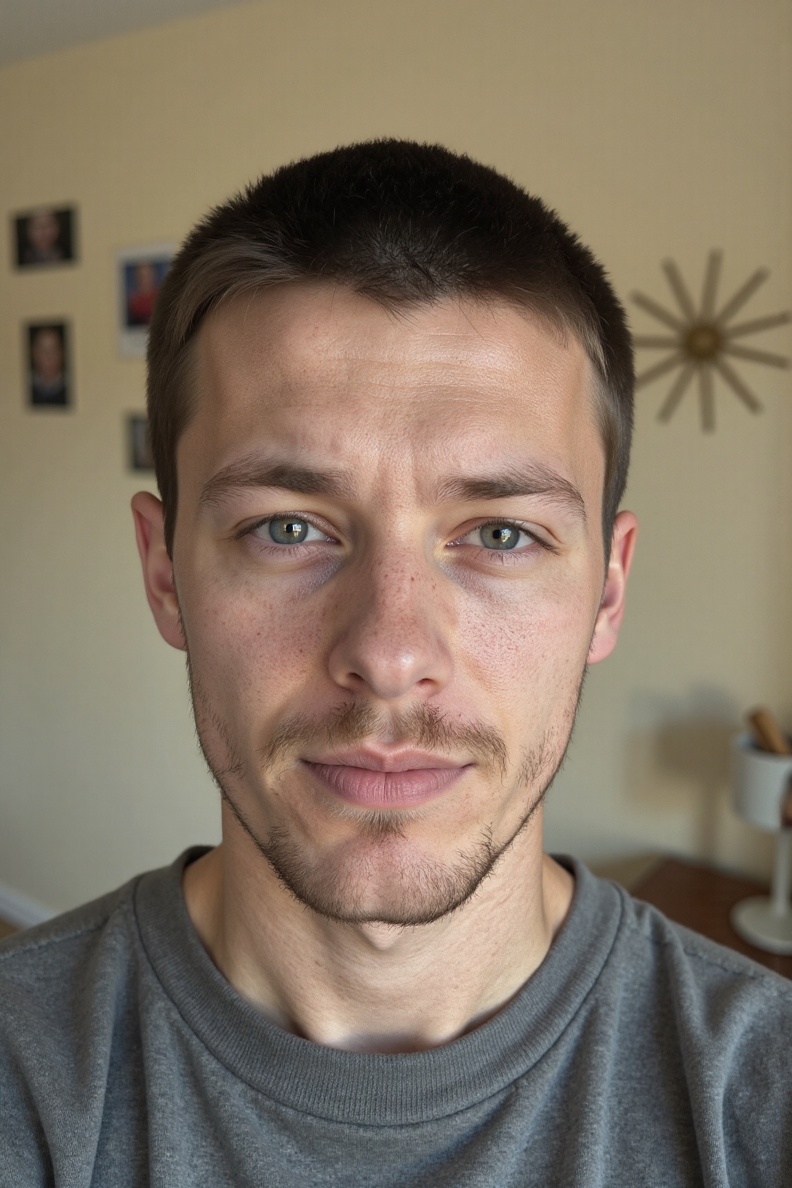 Realistic portrait photograph featuring a young man with short dark hair and a trimmed beard,  gazing directly at the came...