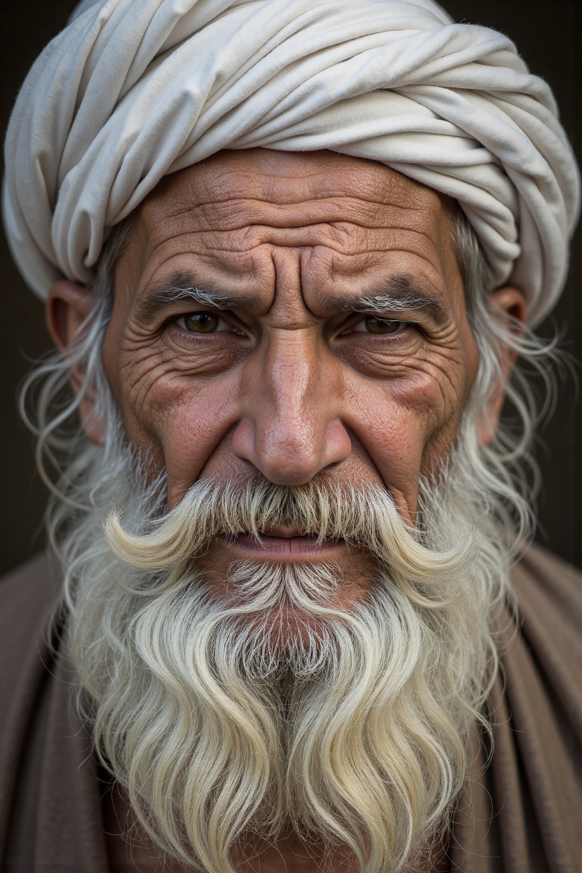 A dignified elder,  adorned with a wispy white turban,  presents a stern visage on Tensor.Art