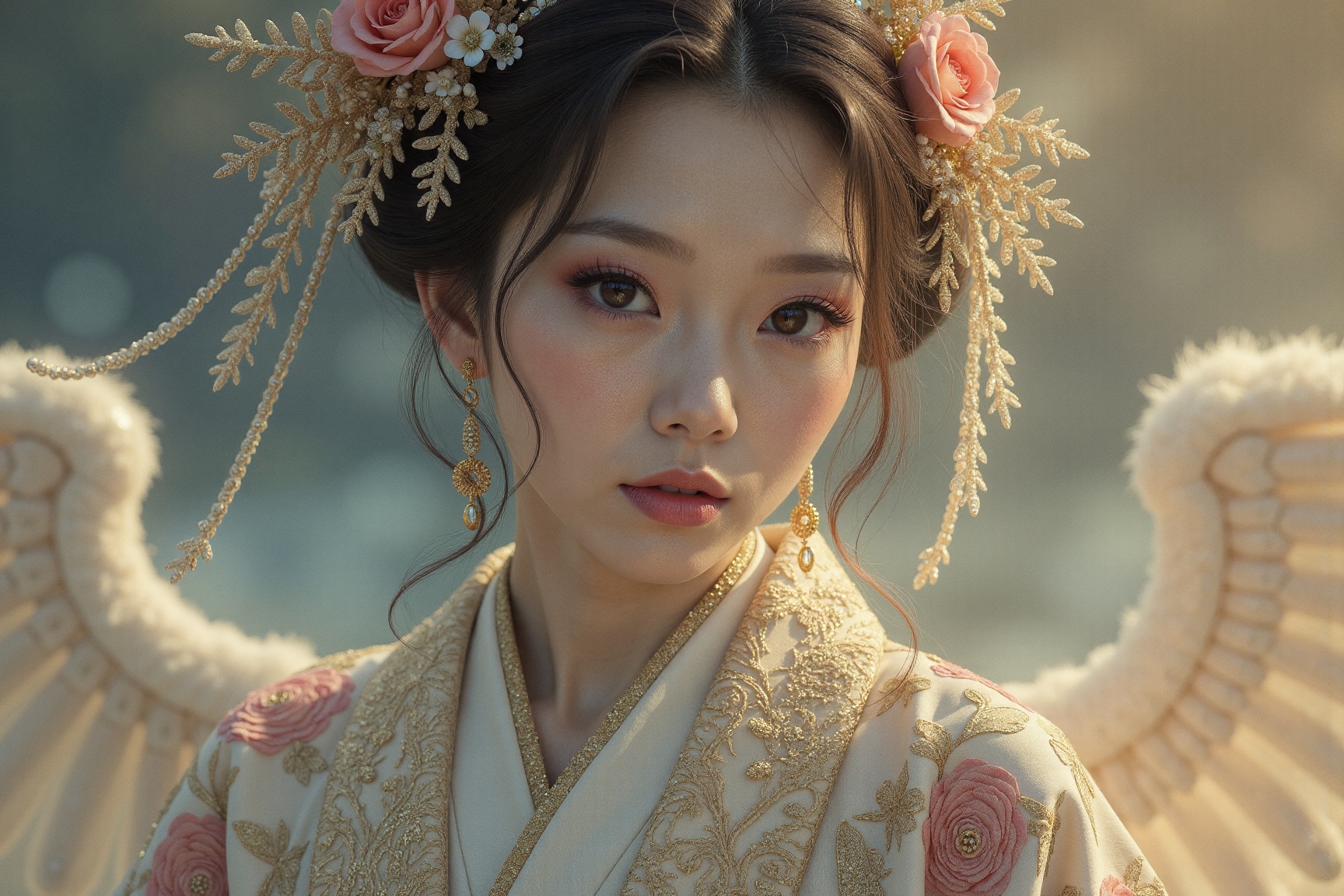 Photorealistic surreal illustration,  a regal celestial maiden adorned in an intricate Edo-inspired kimono with gilded emb...