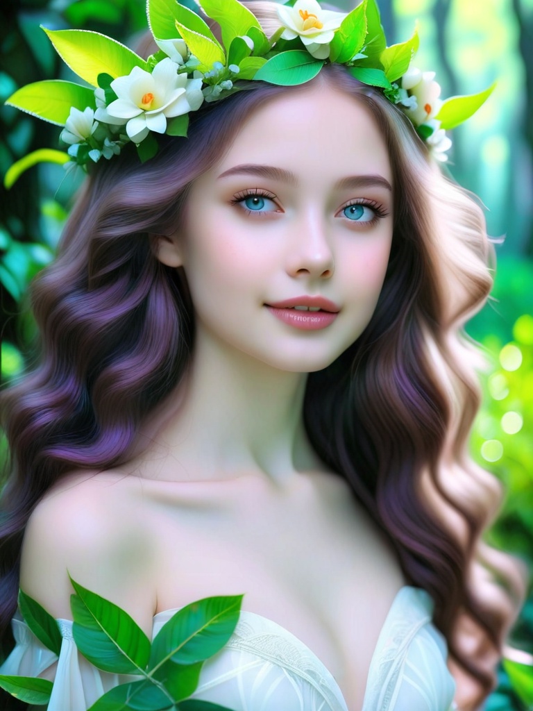 A close-up portrait of a young woman with long,  wavy brown hair. She is wearing a white sleeveless dress that is adorned...