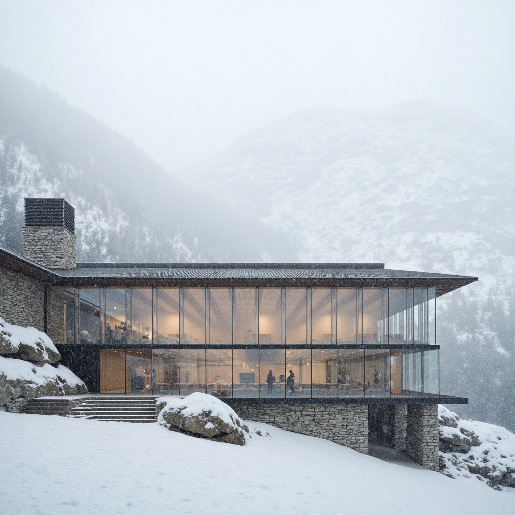 A misty veil shrouds a mid-century modern inspired ski resort,  its facade blending seamlessly into the mountain's rugged...
