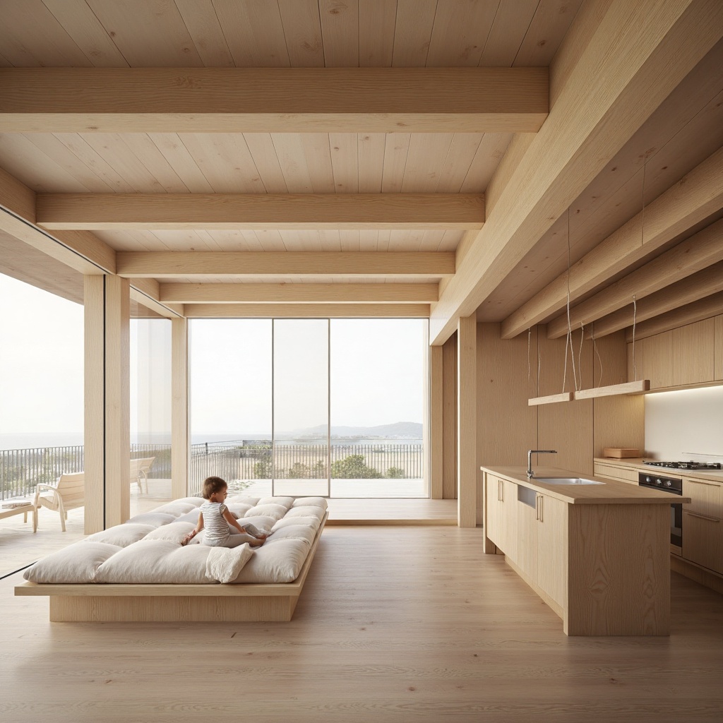 This interior scene showcases a spacious,  modern design with a focus on natural materials. The room is predominantly made...