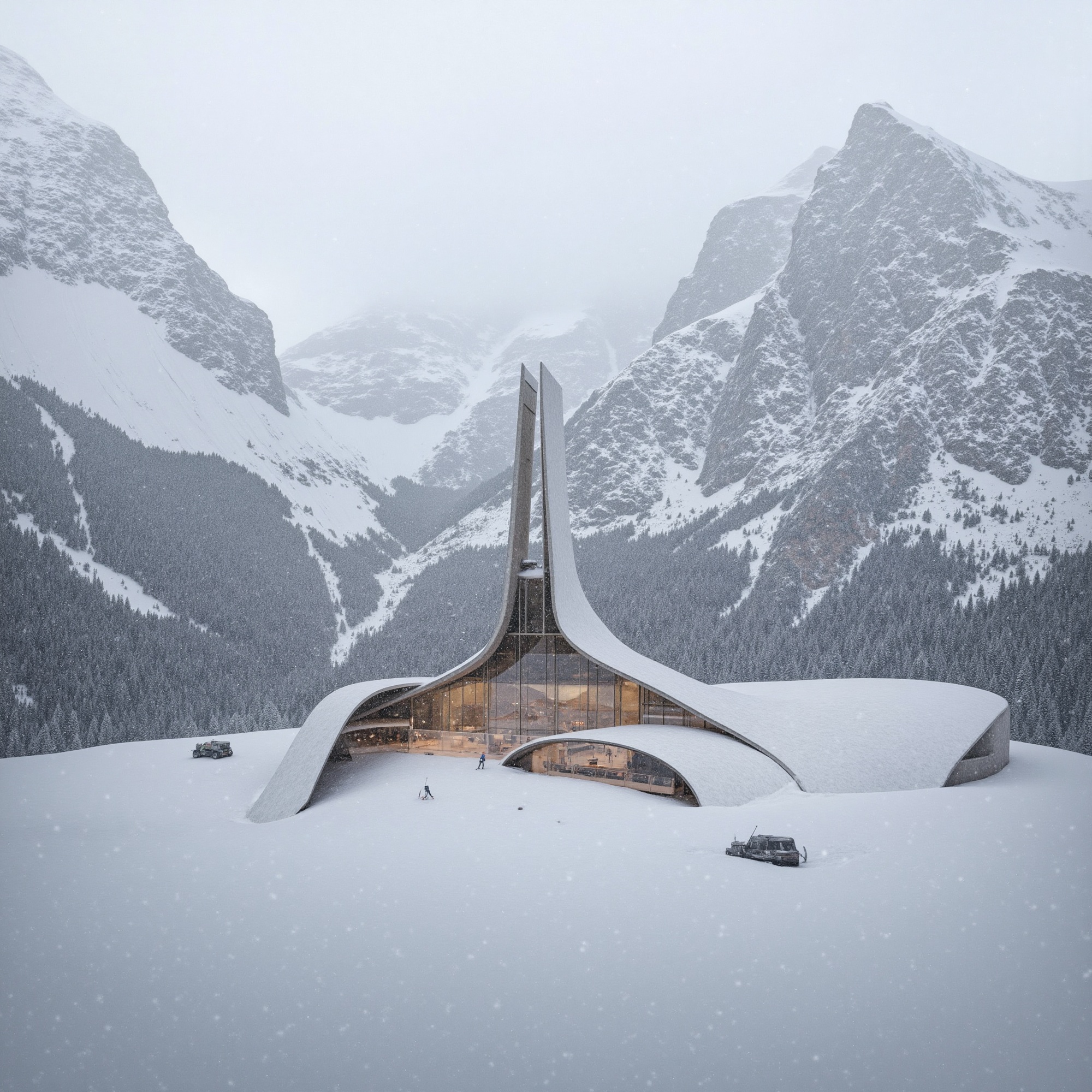A dramatic,  futuristic ski resort emerges from the misty mountain landscape,  its sleek on Tensor.Art