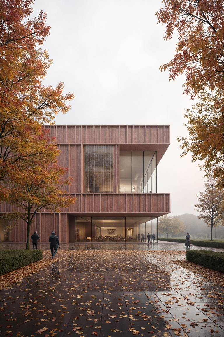 a elegant and symetrical modern building with a combination of textures,  prominently displayed through its brick facade a...