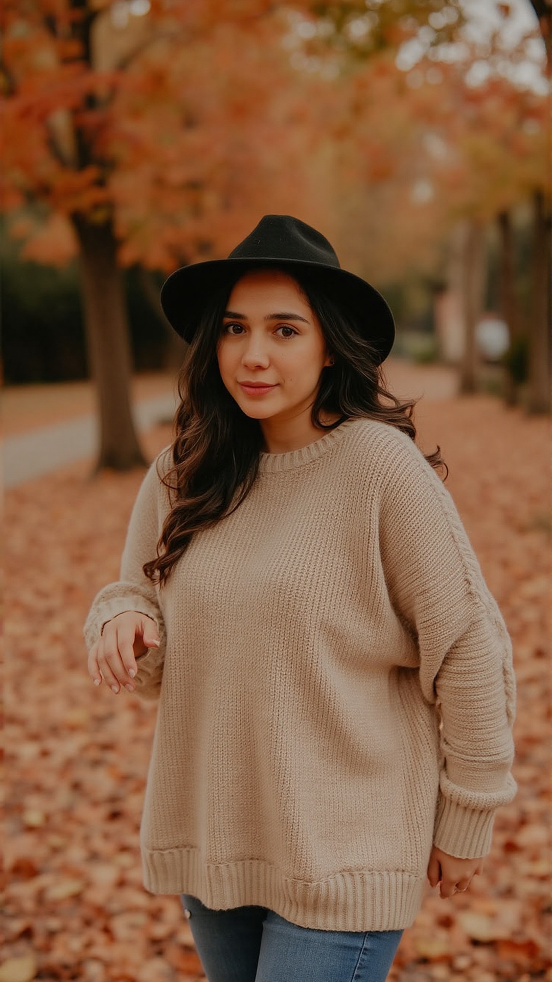 A black-haired woman wearing a cozy oversized sweater poses against an autumn backdrop,  looking into the camera with a so...