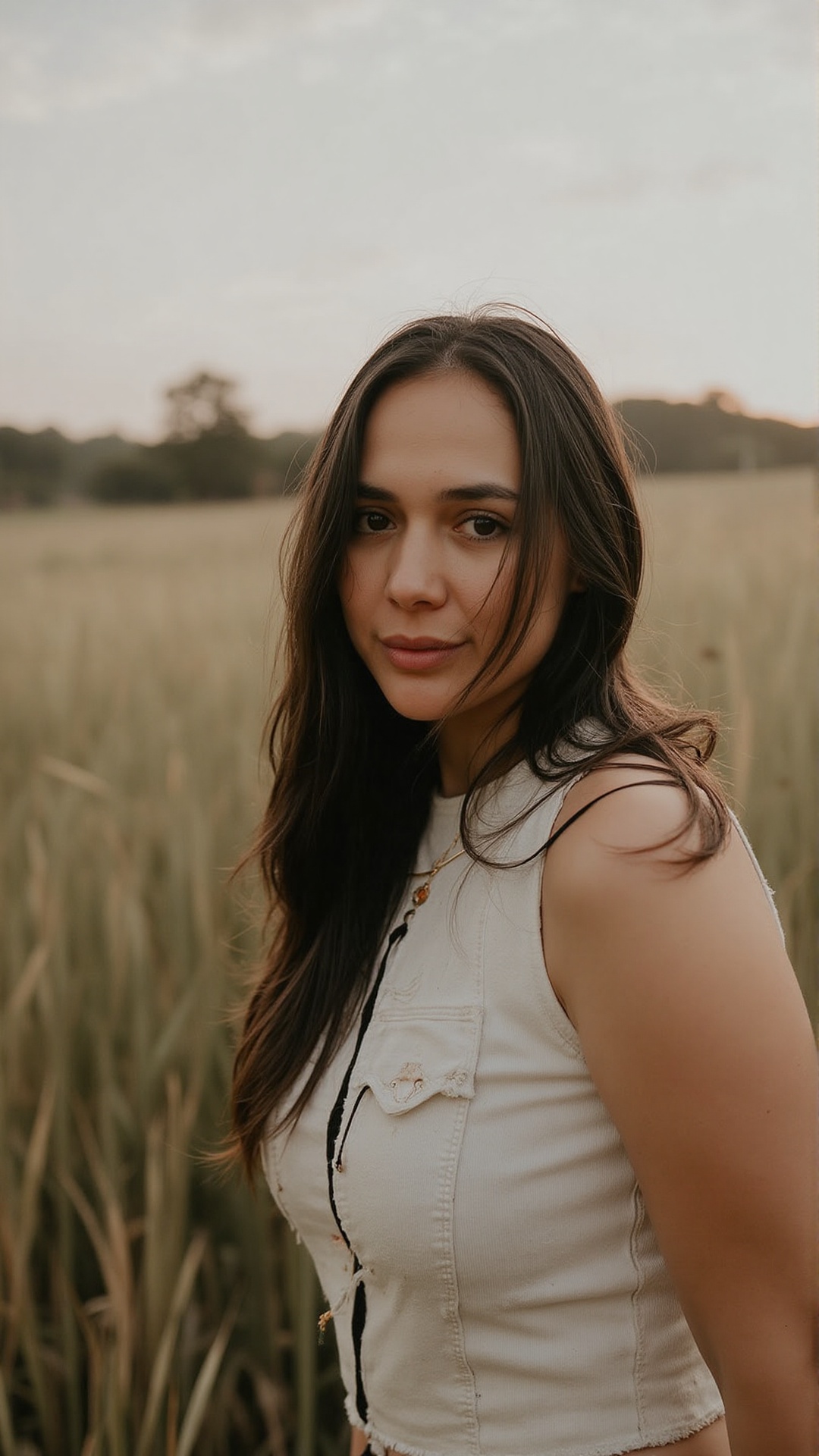 A woman with long black hair stands in an open field of tall grass,  her hair gently flowing in the wind. She gazes direct...