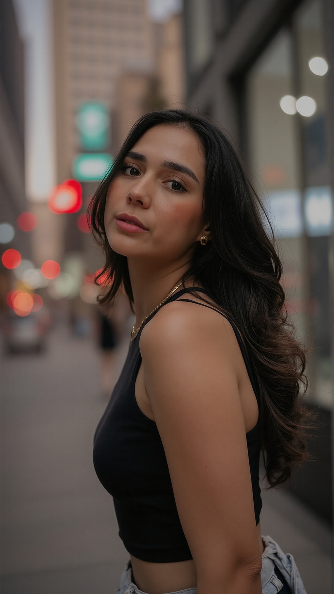 A stylish young woman with dark,  wavy hair poses in an urban setting,  with city lights softly blurred in the background....