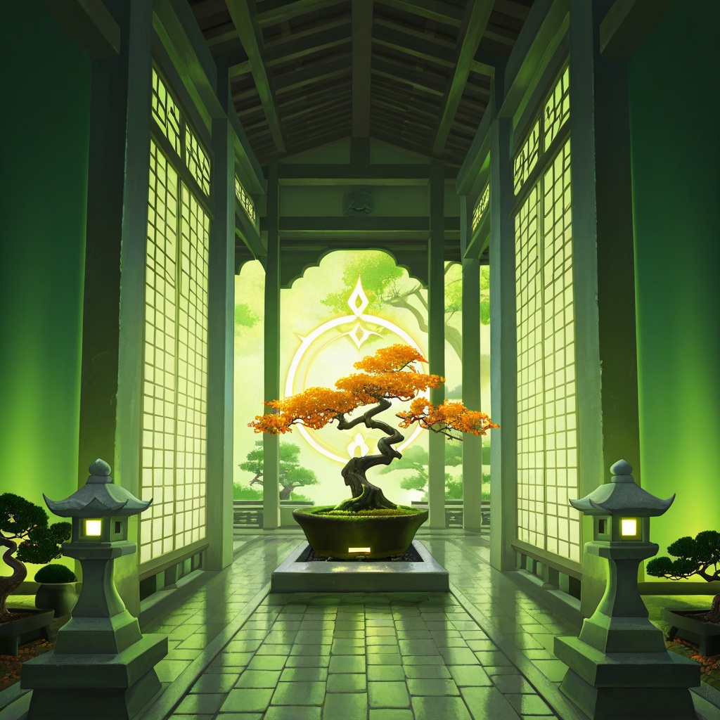 An azalea bonsai with orange blossoms emitting a warm spectral halo,  set in a glowing temple courtyard,  stone lantern ca...