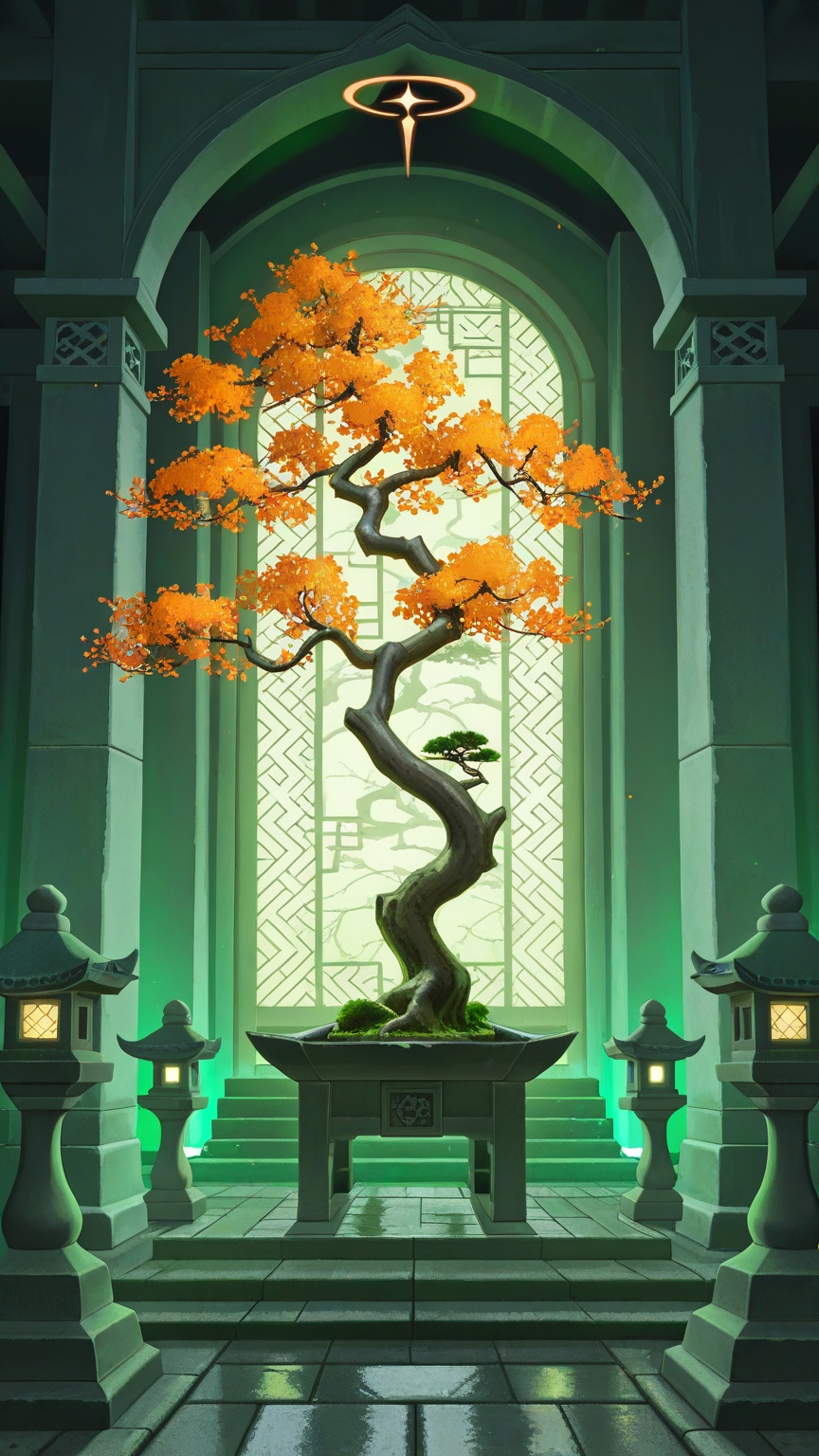 An azalea bonsai with orange blossoms emitting a warm spectral halo,  set in a glowing temple courtyard,  stone lantern ca...