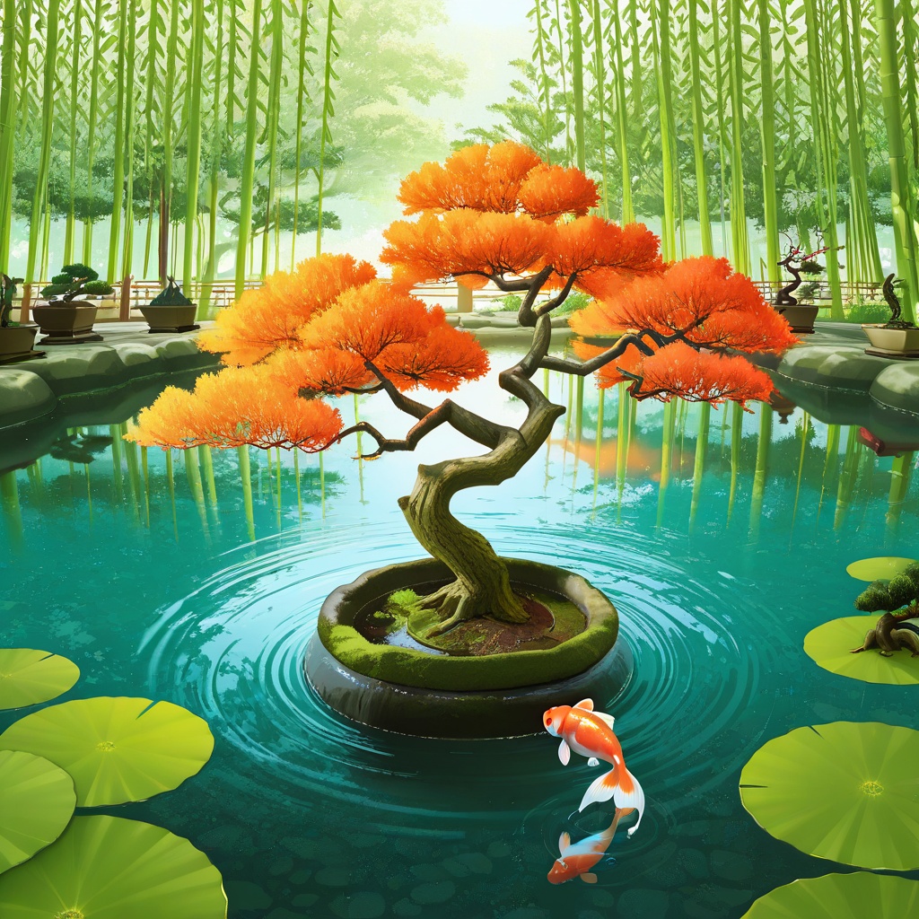 A weeping willow bonsai beside a miniature koi pond,  cascading branches dipping into the water,  vibrant orange koi swimm...