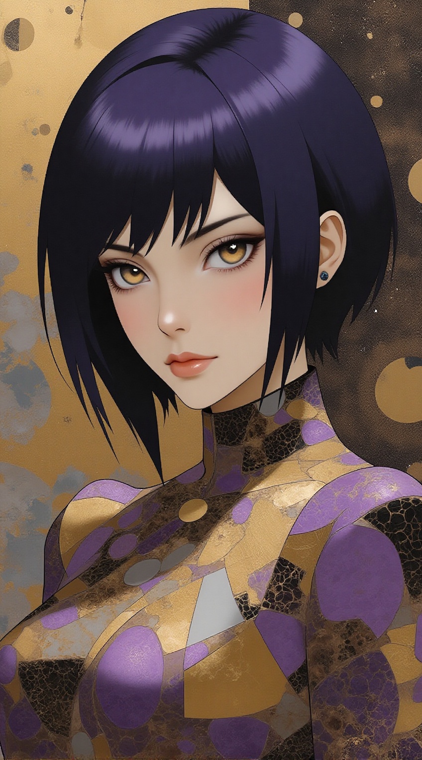 Portrait of a captivating woman,  reminiscent of Kusanagi Mokoto in Ghost in a Shell SAC 2045,  patchwork-inspired aesthet...