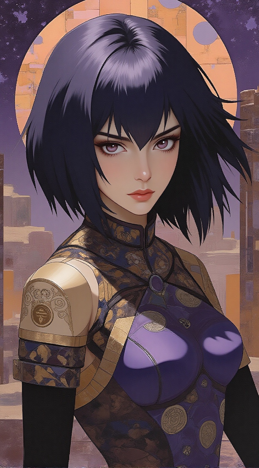 Portrait of a captivating woman,  reminiscent of Kusanagi Mokoto in Ghost in a Shell SAC 2045,  patchwork-inspired aesthet...