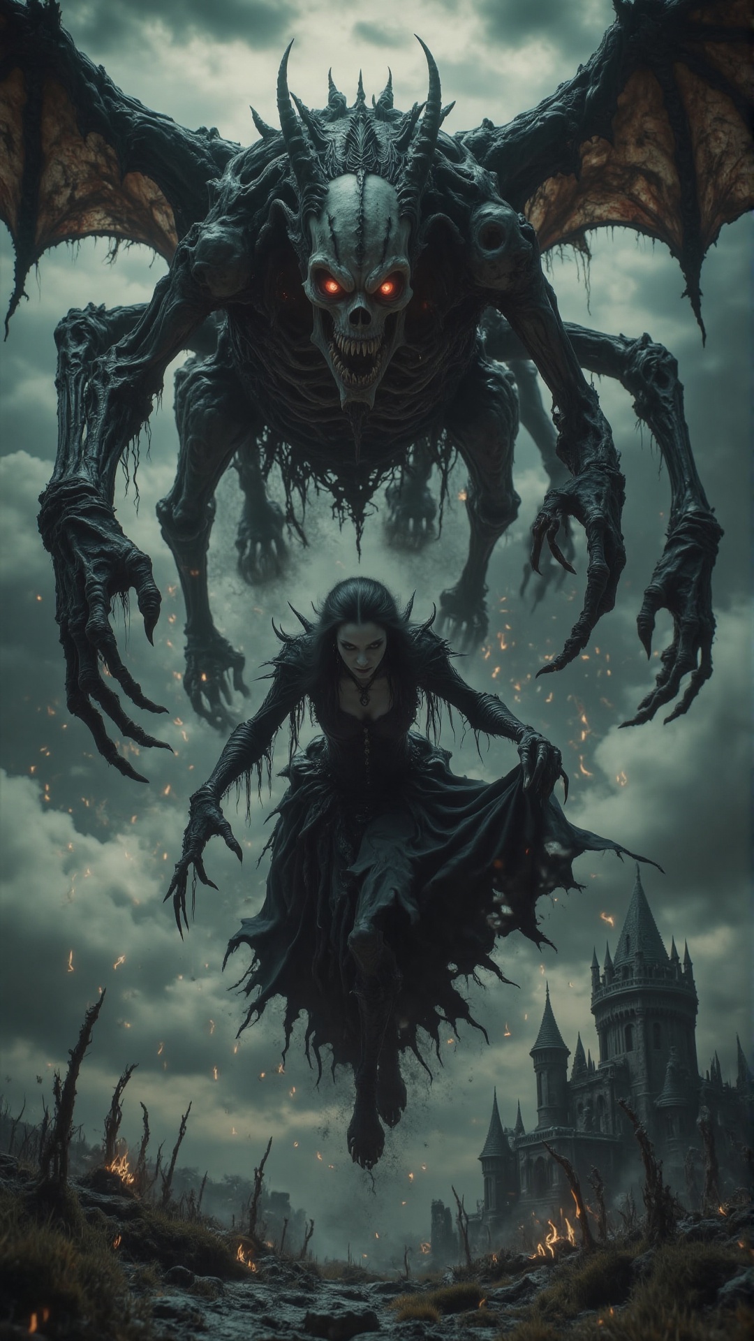 A gothic queen with a dark,  majestic aura is soaring through the sky,  her black on Tensor.Art