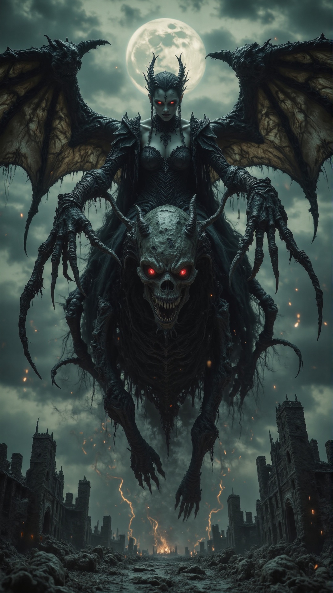 A gothic queen with a dark,  majestic aura is soaring through the sky,  her black on Tensor.Art