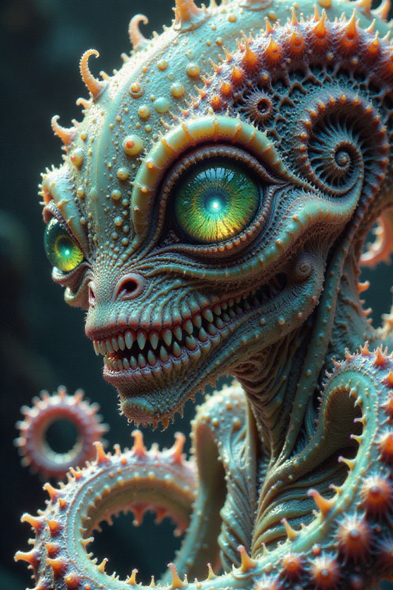 A close-up shot of an alien creature's face,  its eyes glowing bright green,  surrounded by a mass of swirling on Tensor.Art