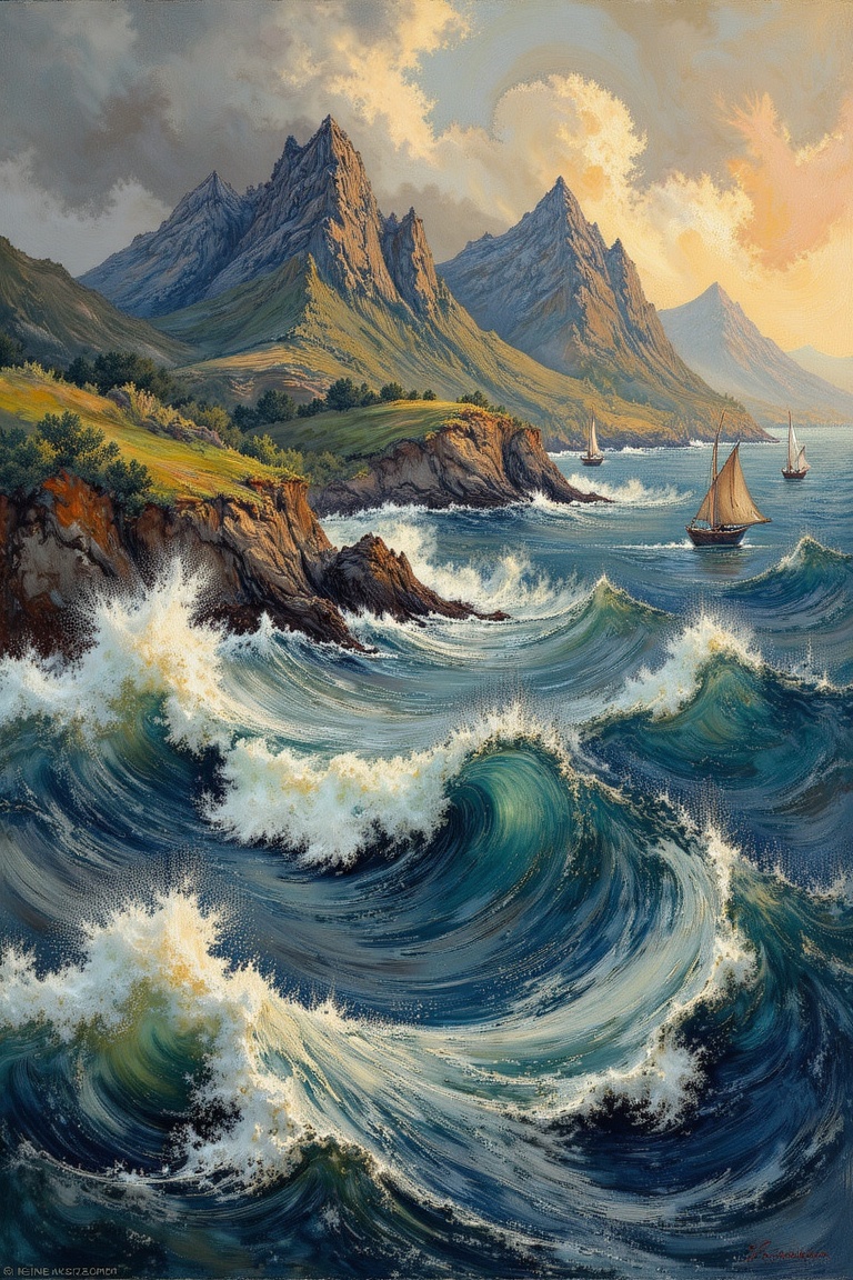 A turbulent seascape unfolds,  with majestic mountain peaks piercing the tumultuous sky. Waves crash against the shore,  t...