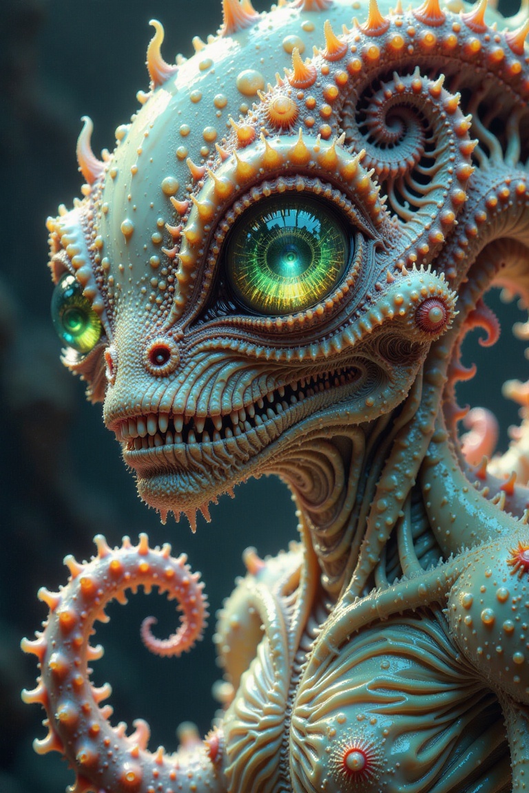 A close-up shot of an alien creature's face,  its eyes glowing bright green,  surrounded by a mass of swirling on Tensor.Art
