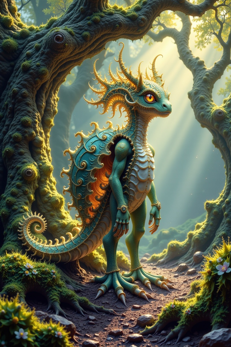 A hyper-realistic fantasy portrait of Keong Purba standing in the middle of an enchanted forest,  rendered in intricate fr...