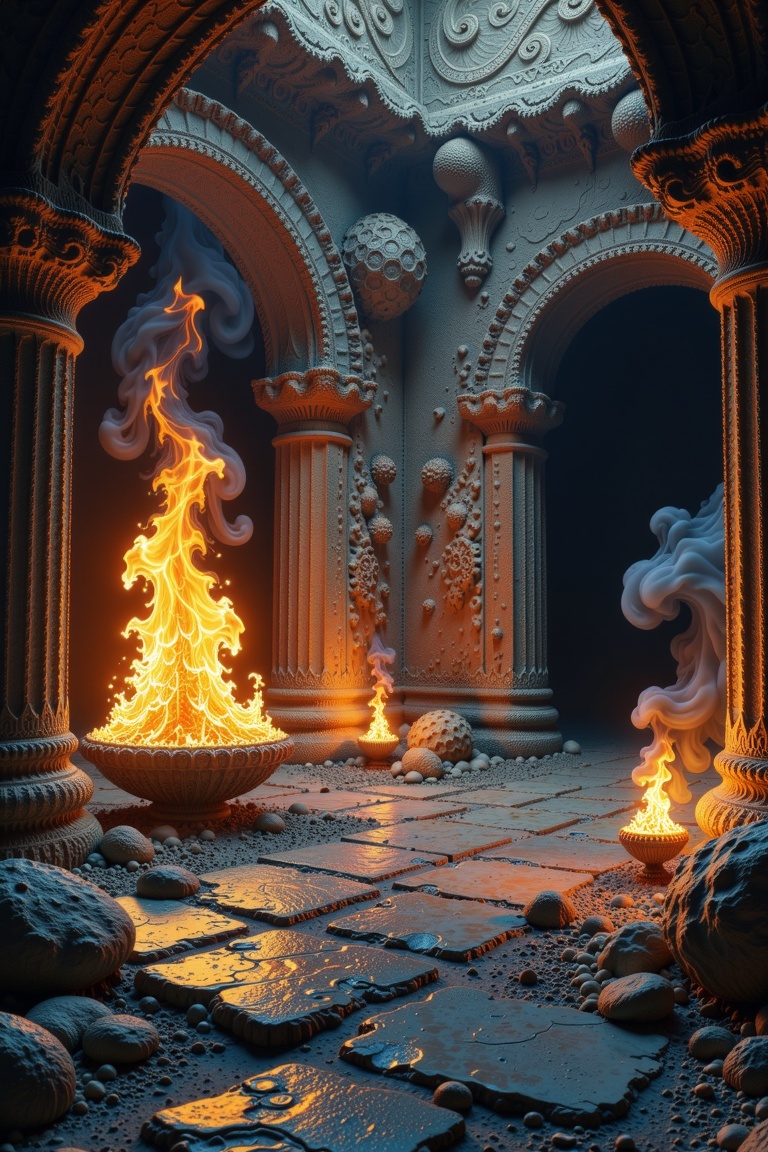 In a darkened chamber,  flames erupt from ancient artifacts,  casting eerie shadows on walls adorned with intricate fracta...