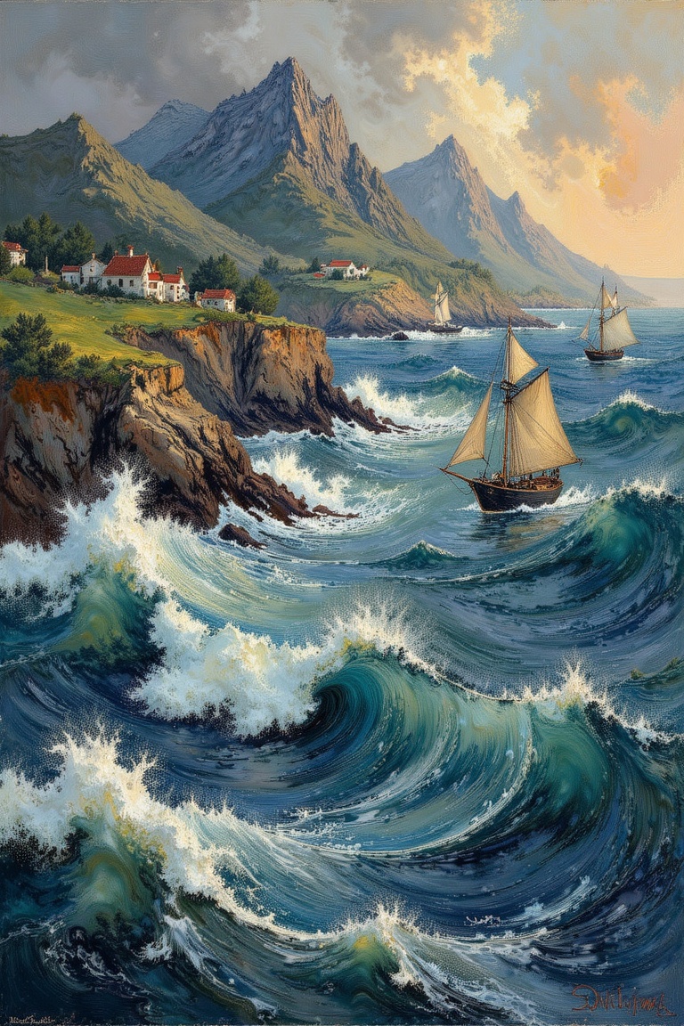 A turbulent seascape unfolds,  with majestic mountain peaks piercing the tumultuous sky. Waves crash against the shore,  t...