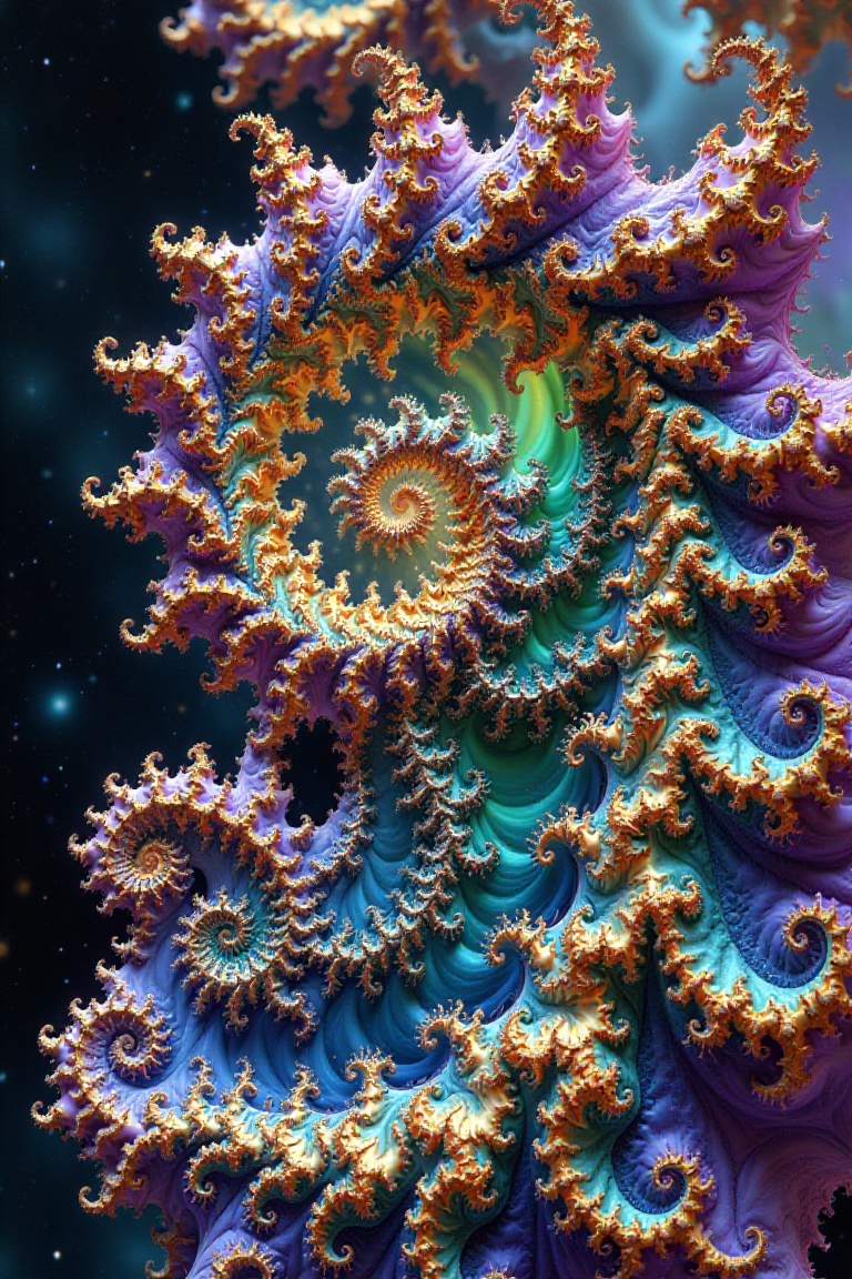 A mesmerizing fractal scene,  bursting with intricate,  swirling patterns of luminous colors. The fractals unfold in an en...