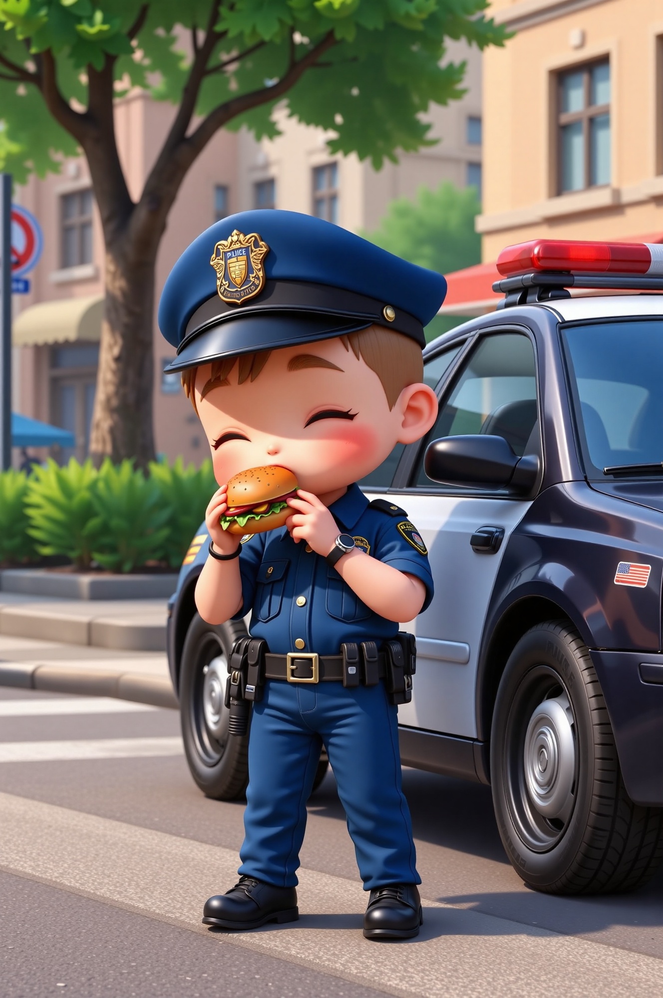 chibi policeman eating burger near police car,  town on Tensor.Art