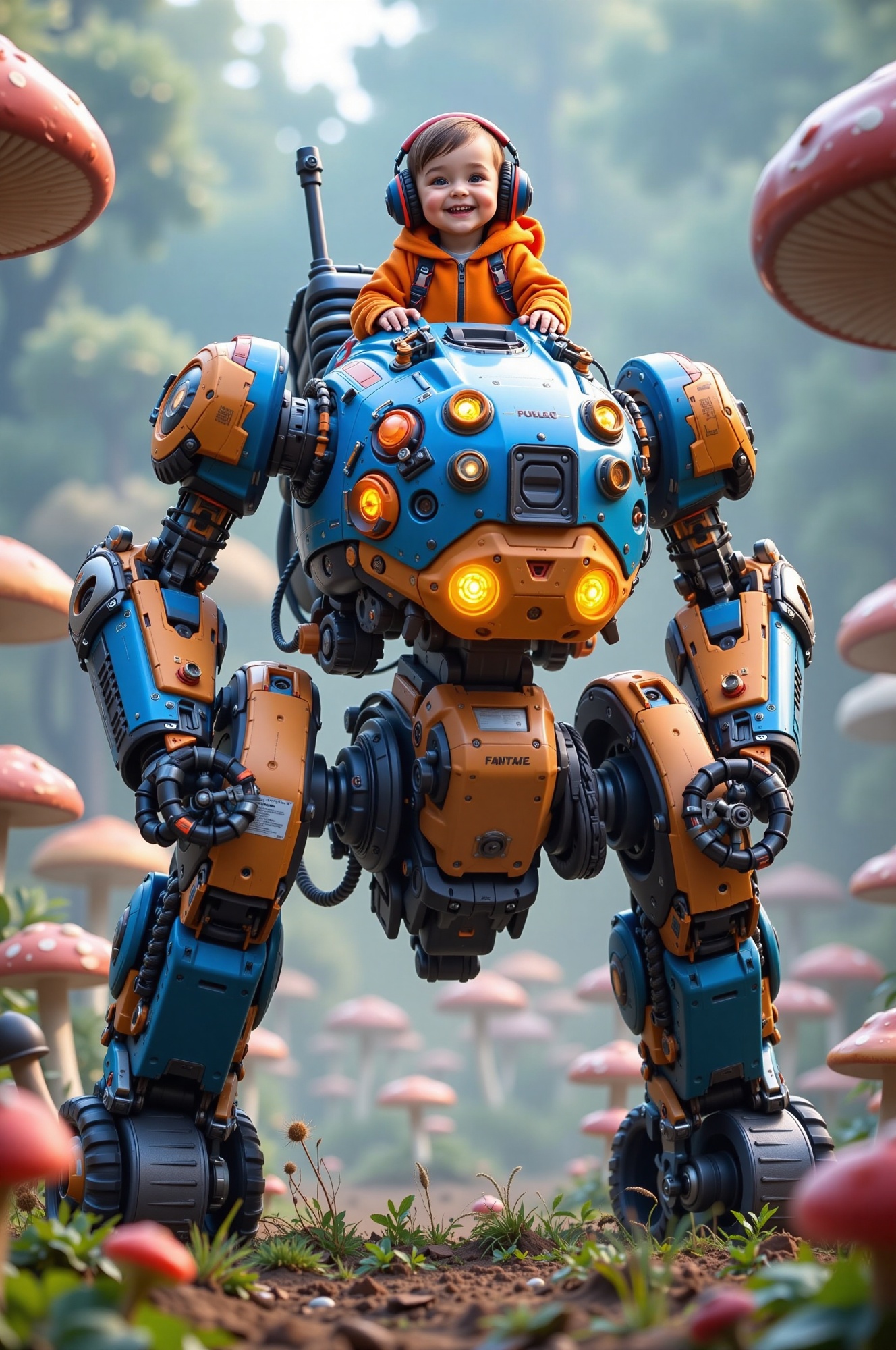 side view of a large futuristic robot standing in the middle of a dense forest of giant mushrooms. The robot has a solid a...