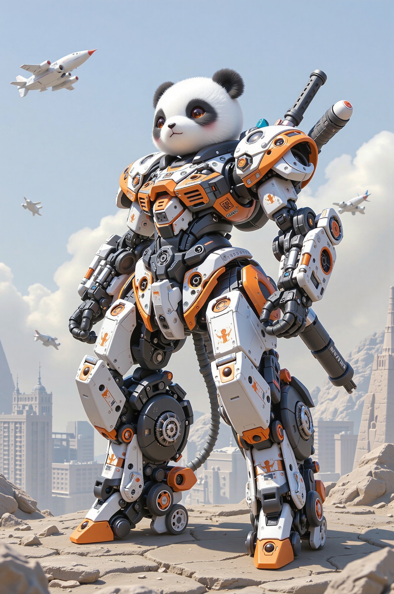 A futuristic,  heavily armored mech suit with a chibi panda head. The mech suit is predominantly black and white with oran...