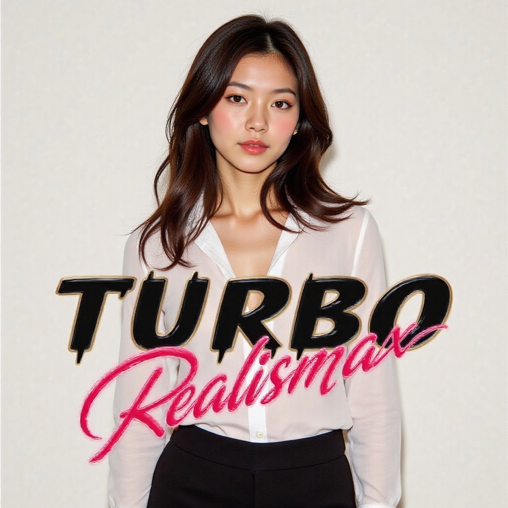 fluid text "TURBO REALISMAX" ,  featuring portrait of fashionable asian woman,  simple on Tensor.Art
