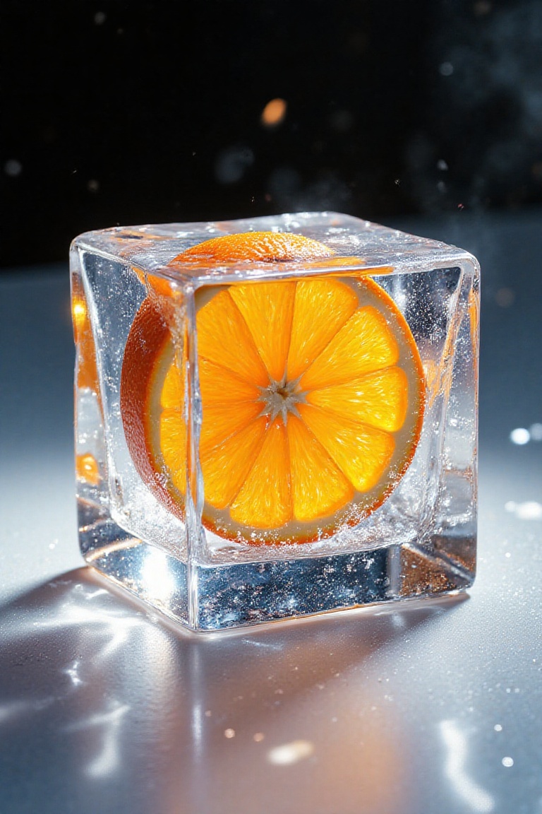 3D render,  realistic,  shining orange slice inside faceted ice cube on Tensor.Art