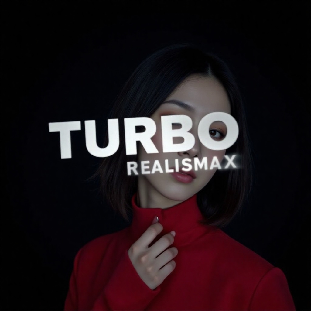 Cinematic white glowing bold text 'TURBO REALISMAX' emblazoned on a sleek black background,  directly in front of a stylis...