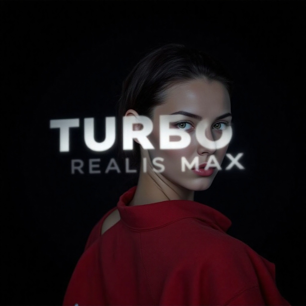 Cinematic white glowing bold text 'TURBO REALISMAX' emblazoned on a sleek black background,  directly in front of a stylis...