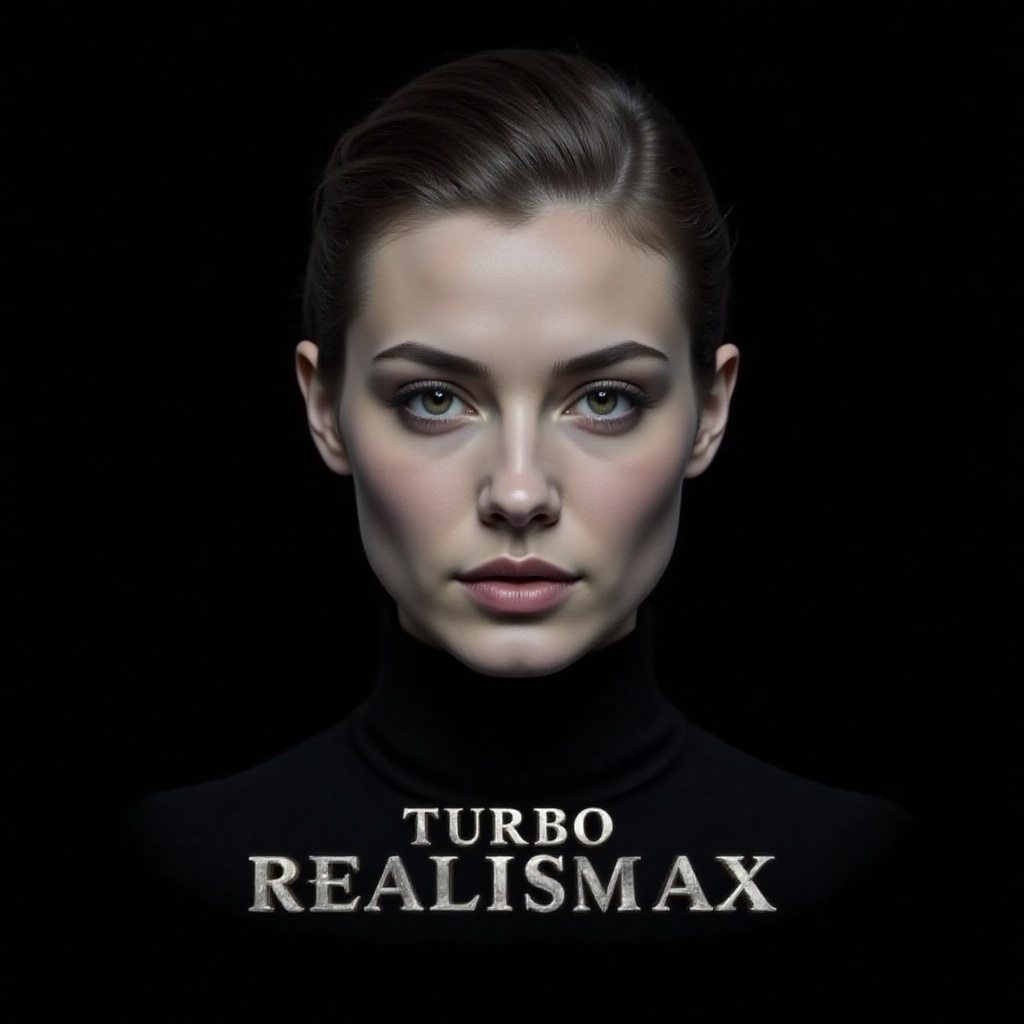Cinematic bold text 'TURBO REALISMAX' emblazoned on a sleek black background,  directly in front of a stylish woman with a...