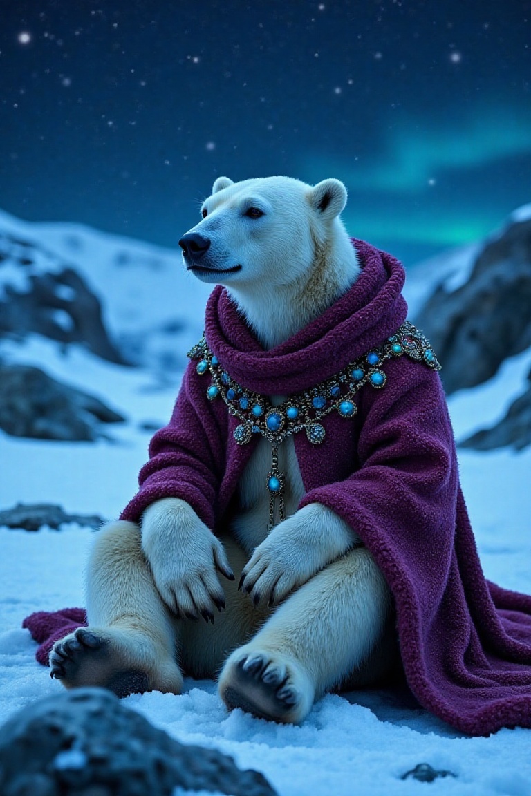 In this captivating realistic shot,  an anthropomorphic polar bear dressed in a richly textured,  jewel-toned shawl sits c...
