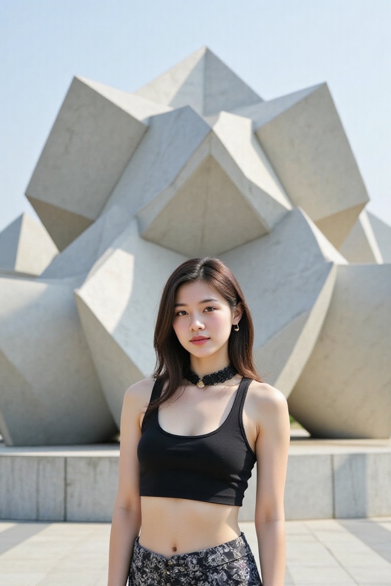 A photo of a 23-year-old Korean woman standing in front of a geometric modern art installation during the day. She's dress...