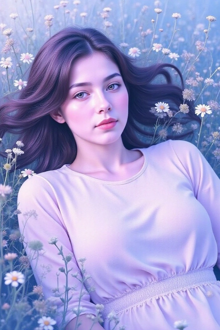 A young woman lies in a field of wildflowers,  creating a dreamy,  surreal atmosphere. The overall color is a mixture of s...