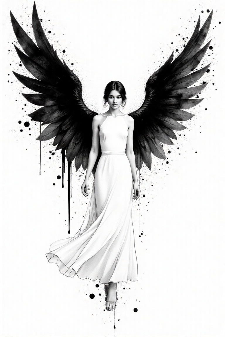 Create an intricate illustration of an angel with grand,  flowing wings in the style of traditional ink art. Use splattere...