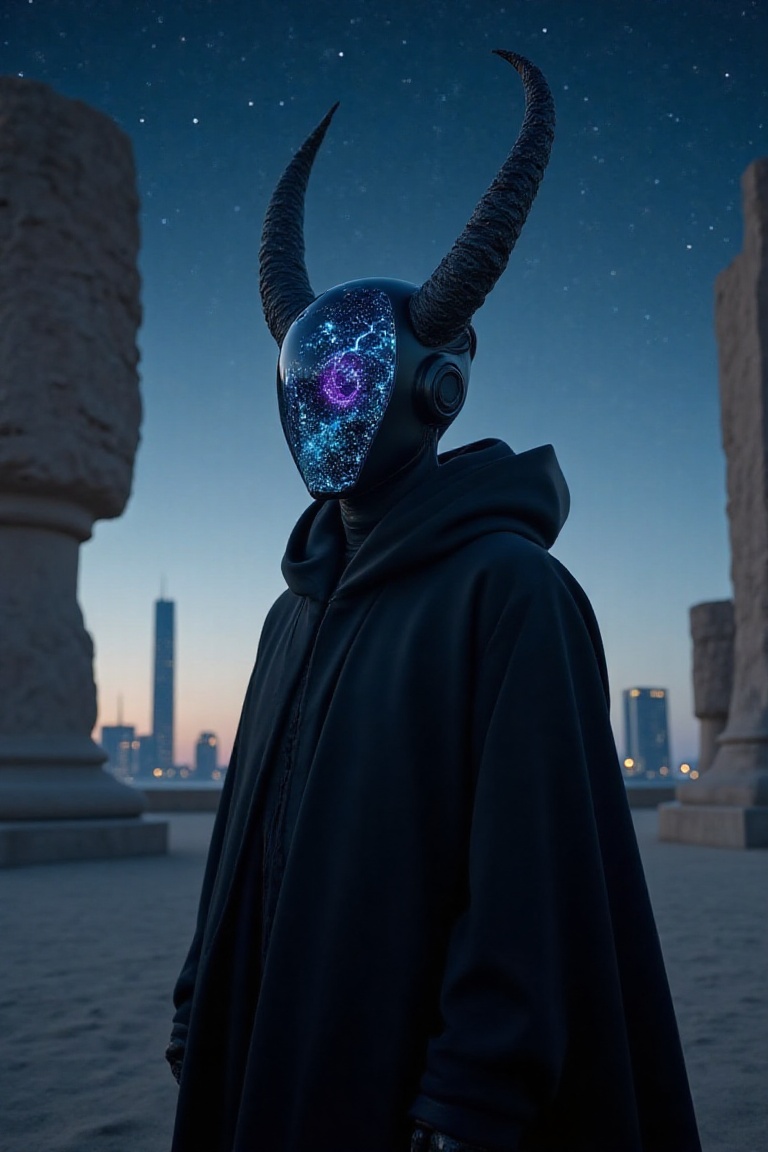 Cinematic,  futuristic scene featuring a close-up portrait of a mysterious figure wearing a dark,  flowing robe. The figur...