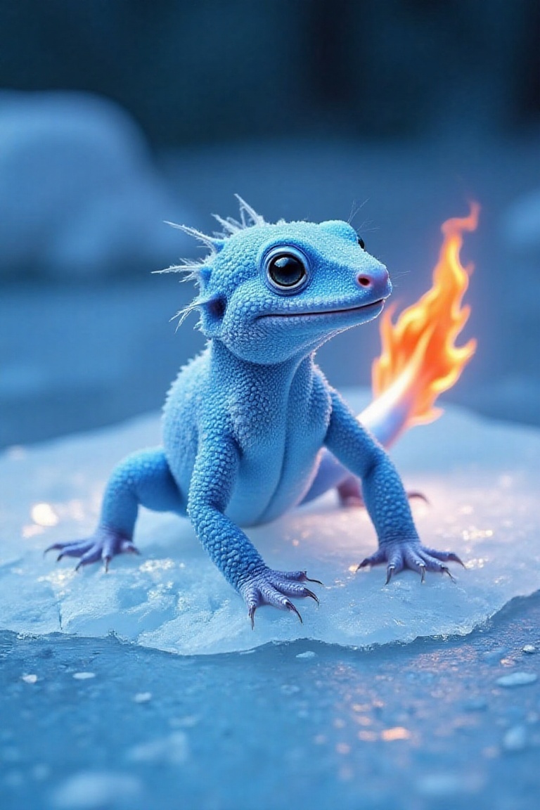 An adorable,  hyper-stylistic ice salamander stands on a sheet of cracked ice,  its body a mesmerizing fusion of frosty bl...