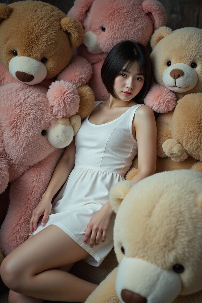 a realistic photographic-style scene of a japanese woman with short hair and a natural body,  lying languidly amidst a col...
