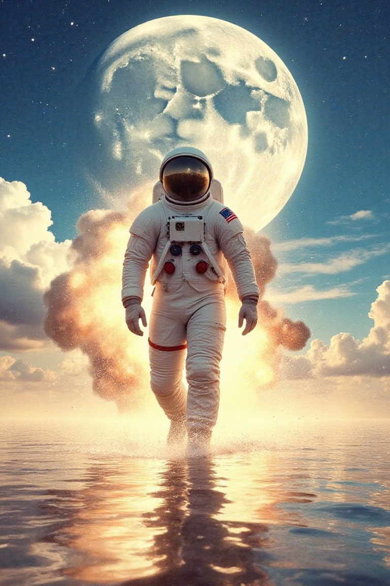astronaut walking on sunshine,  vfx explosions in the background by john carpenter and michael bay,  parting the sea on Te...
