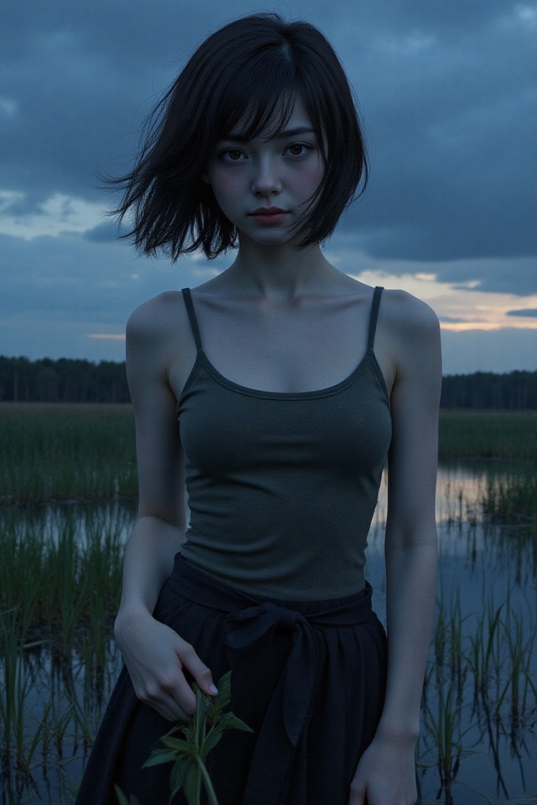 An atmospheric anime of a beautiful woman,  19 years old girl,  bold village in a marsh on Tensor.Art