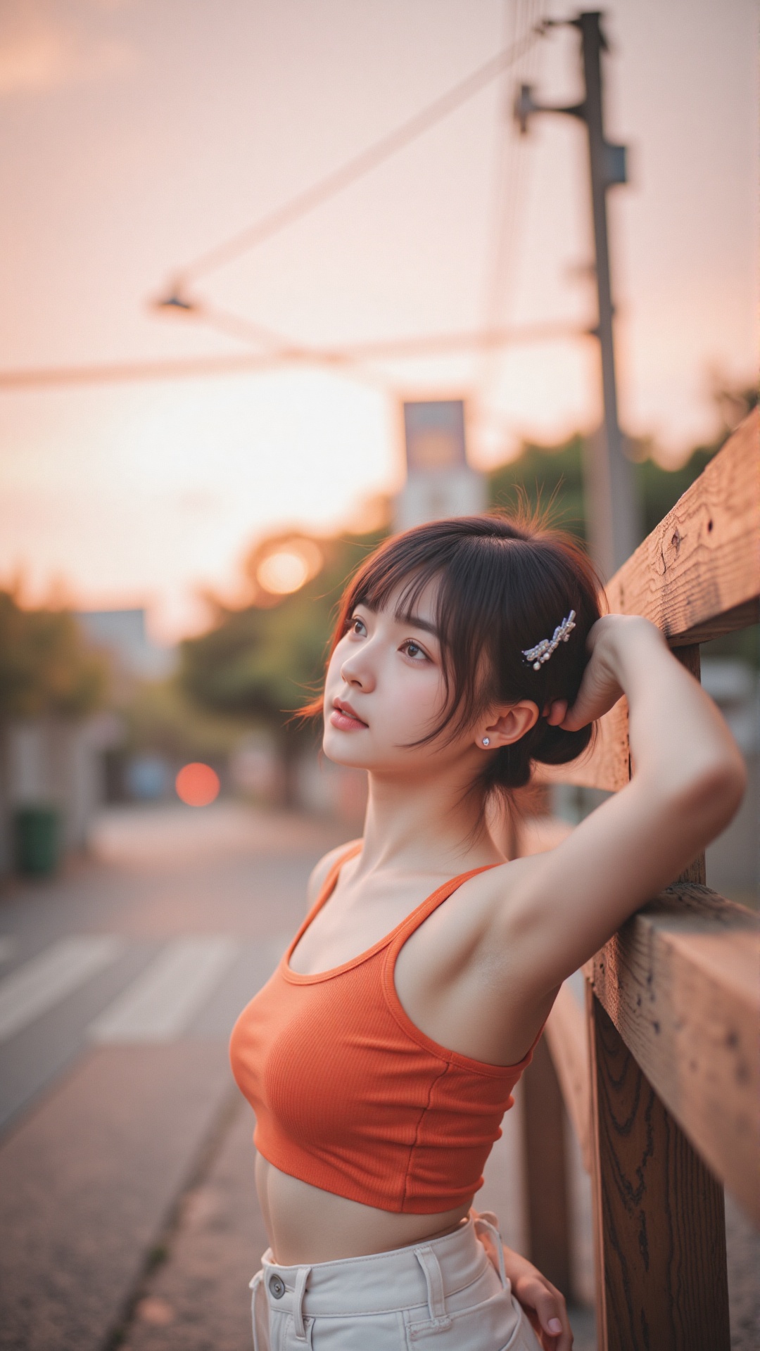 A soft focus portrait captures the quiet contemplation of a Japanese woman in her early twenties,  dressed in a crisp oran...