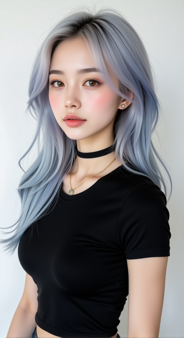 Visualize an extremely detailed,  breathtaking upperbody potrait of a young woman with long platinum-blue hair and radiant...