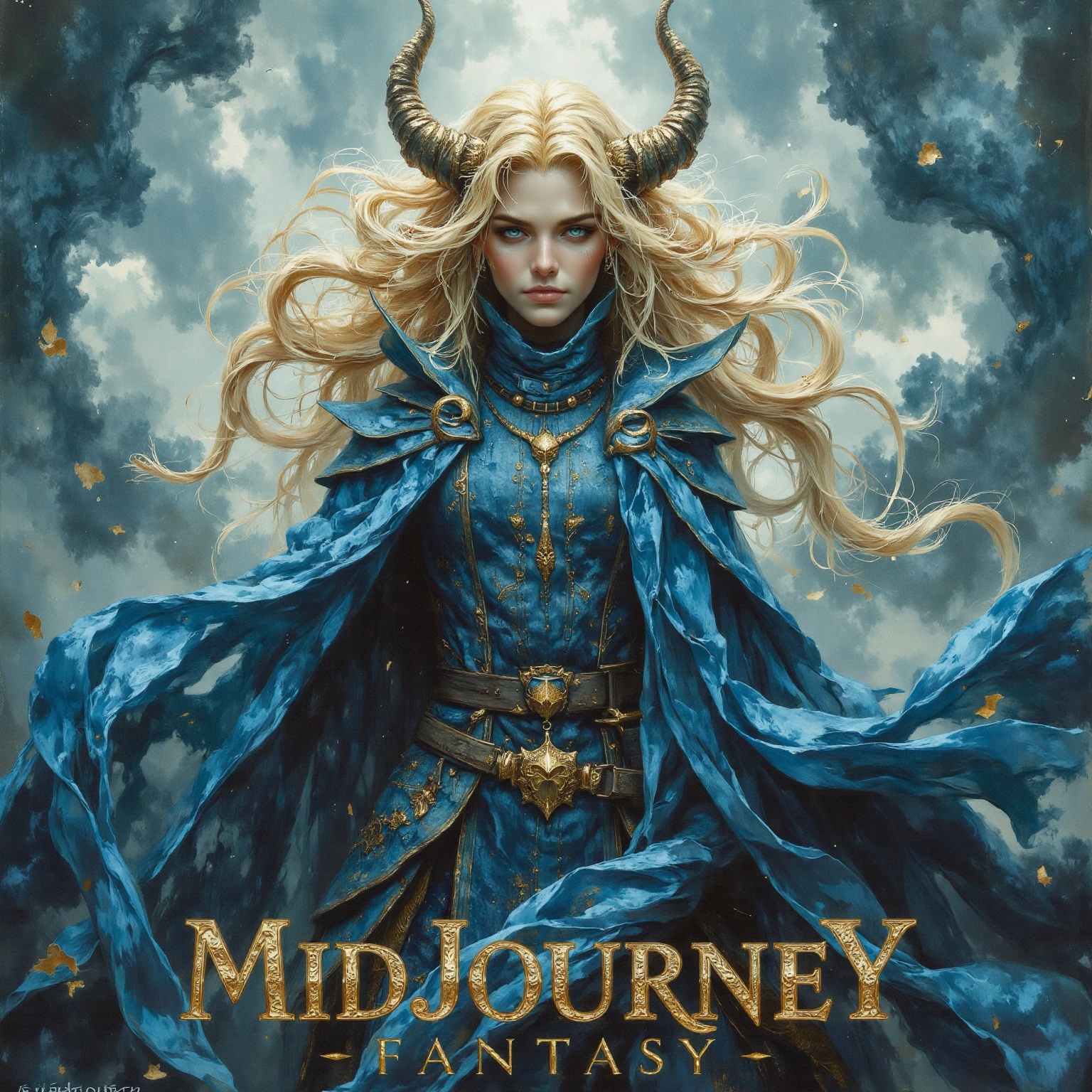 a vibrant painting of a white female warrior,  dressed in a blue coat,  adorned with gold accents. Her coat is draped in a...